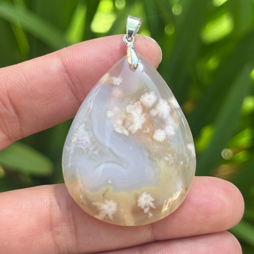 Sterling silver druzy yellow pink flower agate 0970